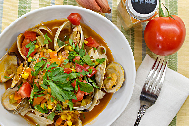 Coumadin Safe Steamed Clams with Spicy Tomato Corn Broth and Fettuccine