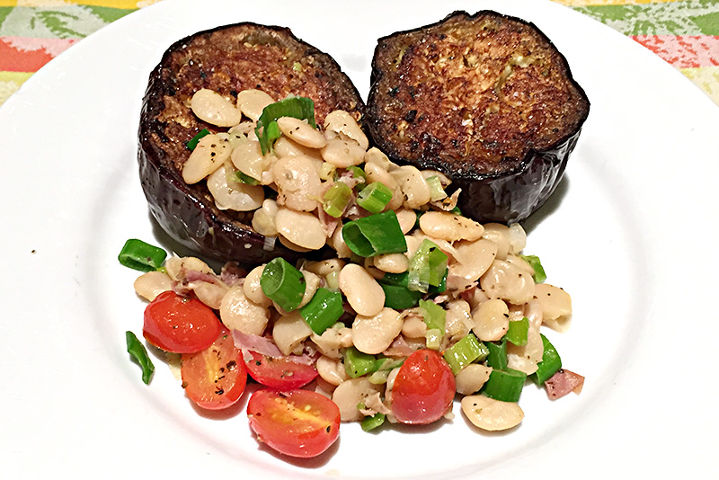 Eggplant Steaks with White Beans and Ham