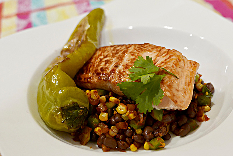 Salmon with Roasted Hatch Chilis, Corn, and Black Beans