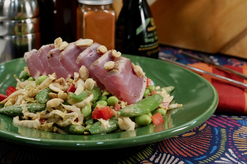 Napa Cabbage Salad with Seared Tuna and Peanut Dressing