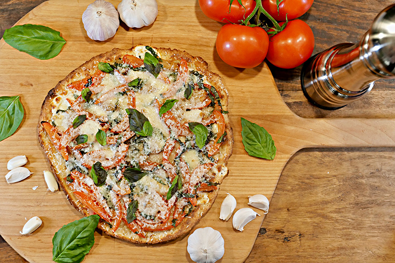 Pizza with Tomato, Basil and Roasted Garlic with Whole Wheat Dough