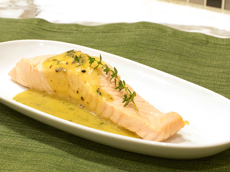 Poached Salmon with Mustard Thyme Vinaigrette