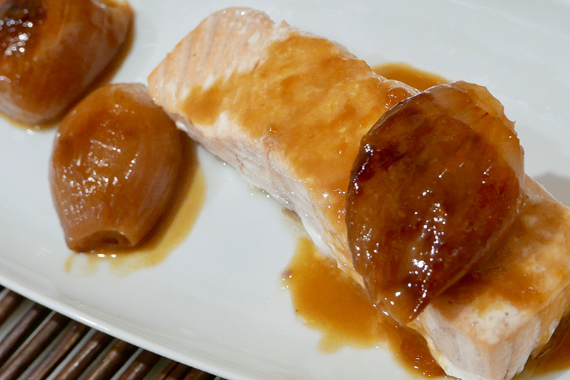 Seared Salmon with Roasted Shallot Sauce
