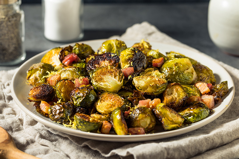 Roasted Savory Brussels Sprouts with Bacon