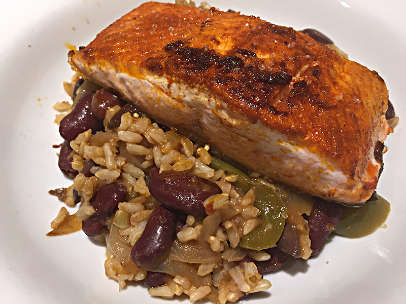 Salmon with Spanish Beans and Rice