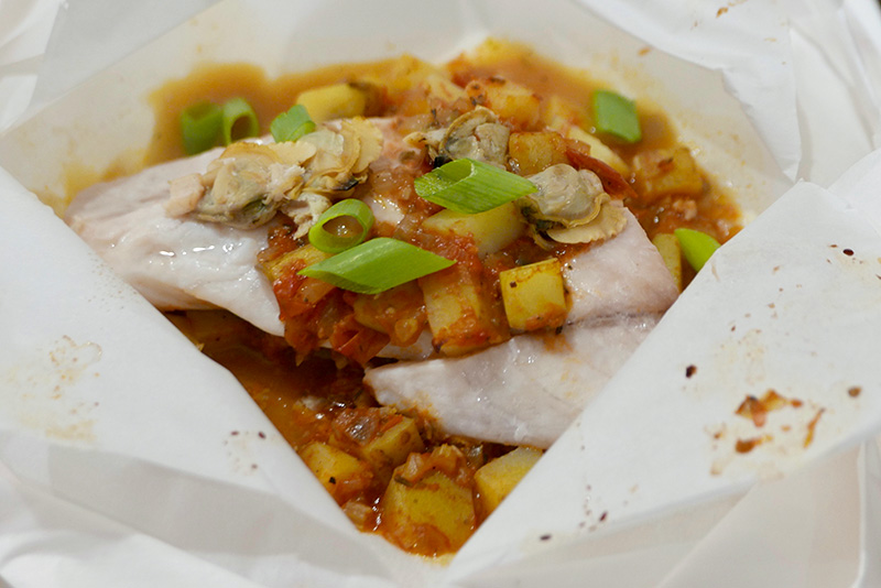 Fish in Parchment with Manhattan Clam Chowder