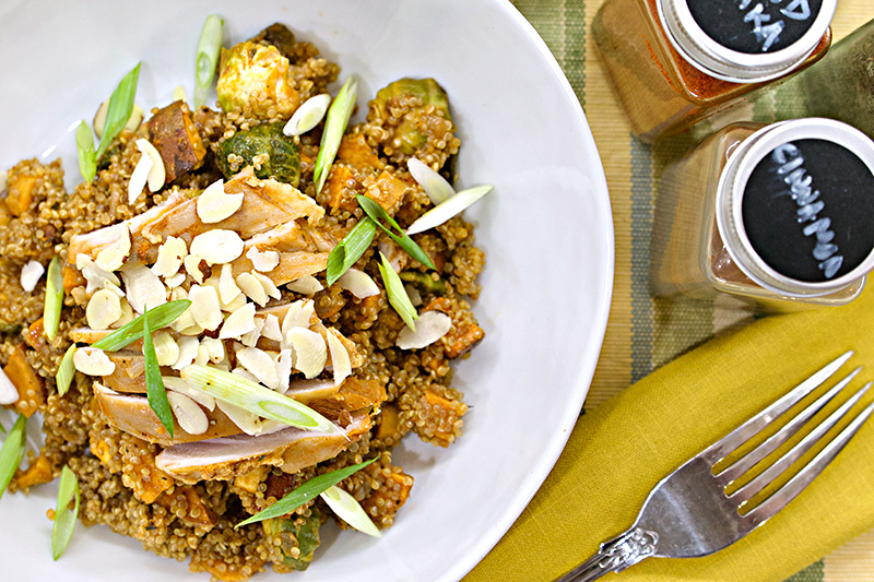 Roasted Fall Vegetable Quinoa with Toasted Almonds and Braised Chicken Thighs